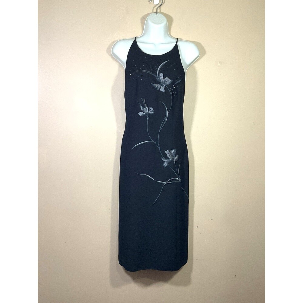 VTG Reggio Beaded Floral Formal Maxi Slip Dress 8 Black Y2K Whimsigoth Grunge